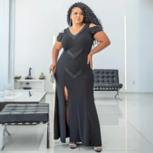 Detrix Long Party Dress Fashion Plus Size Party Plus Size Bridesmaid Simple Elegant Party Basic Vintage Classic Conservative/Modest Cute Romantic Minimalist Mesh Fabric Side Slit Hollow/Cut-Out Split Beach Evening Wedding Party Birthday Party Anniversary Party Graduation Party Family & Home Festival Formal & Evening Cocktail Party Photoshoot Wedding Guest Prom Tea Party - 黑色 - 查看 1
