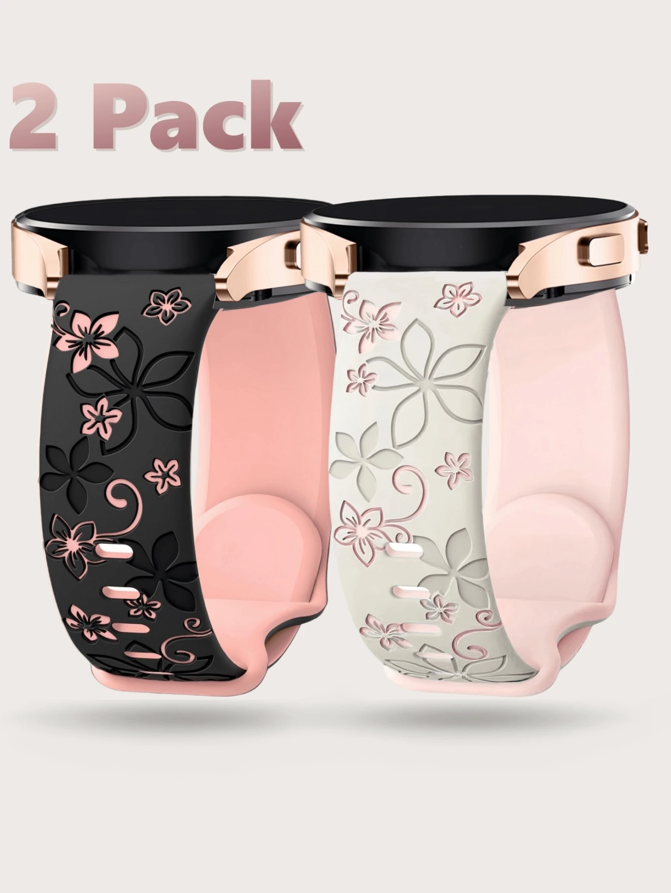 2 包花卉雕刻表带，兼容三星 Galaxy Watch 7 表带/FE 6 5 4 40 毫米 44 毫米、Galaxy Active 2、20 毫米表带柔软硅胶替换表带女士，可爱波西米亚风紫荆花紫荆花表带，兼容三星 Galaxy Watch 7 /Galaxy Watch 6/Galaxy Watch 4 - 星光拼粉/黑拼粉 - 查看 1