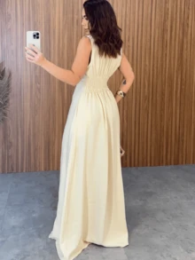 Long Dress With Tank Top All In Tailored Buttons - Cream - View 2