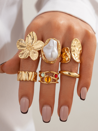 6 件套复古金属花朵和水钻设计戒指，人造珍珠装饰，可单独佩戴或叠戴，适合女性日常装扮、装饰、约会、聚会、情人节派对