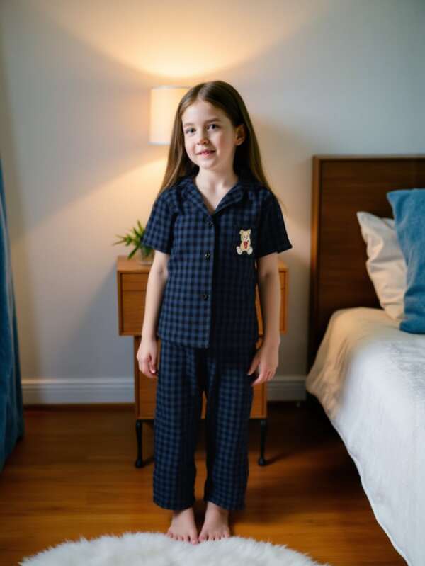 Cartoon Bear Plaid Short Sleeve Button Down Shirt And Pants Pajama Set For Young Girls