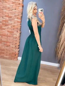 Long Dress With Tank Top All In Tailored Buttons - Verde militar - Ver 2