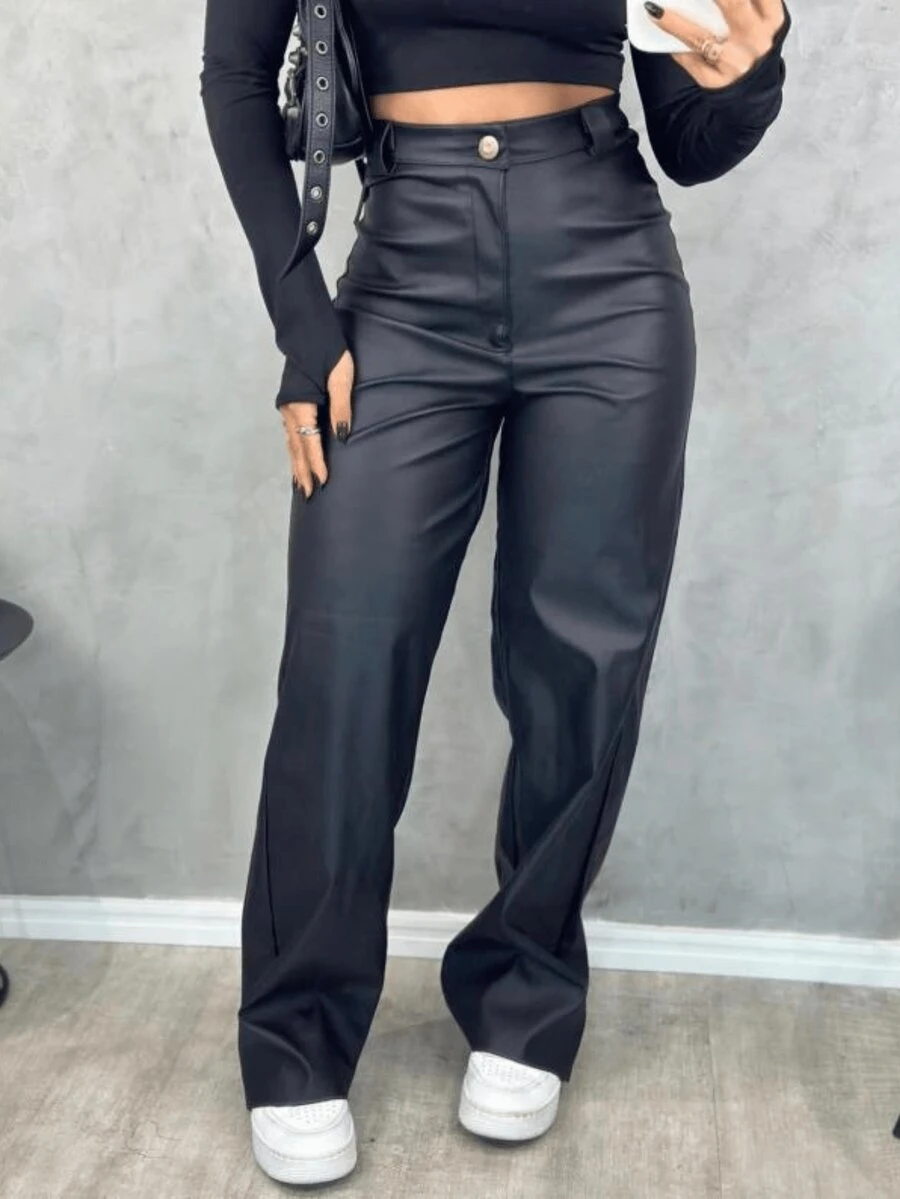 Stylish Leatherette Wide-Leg Pants With Pockets - 普雷圖 - 查看 1