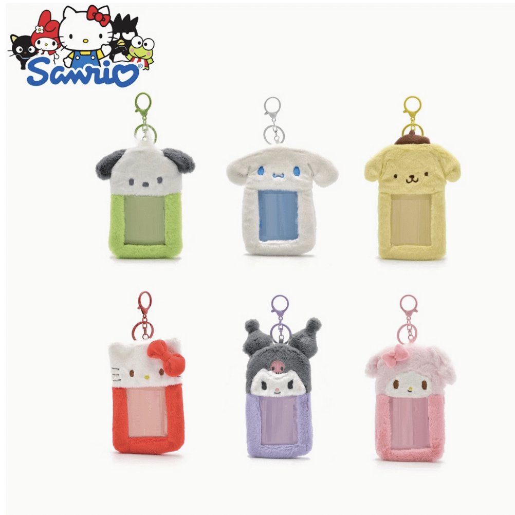 1 pieza Llavero de Sanrio, Llavero de Hello Kitty, Llavero de My Melody, Llavero de Kuromi, Llavero de Cinnamoroll, Llavero de Pom Pom Purin, Llavero de Pochacco, Llavero de dibujos animados, Llavero de peluche, Llavero con portadora de tarjeta, Titular de tarjeta de peluche creativo y lindo, Bolsa de almacenamiento de tarjetas, Carcasa protectora pequeña para tarjetas