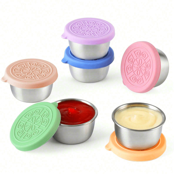 6 paquetes de recipientes para llevar aderezo de ensalada, tazas de salsa de acero inoxidable de 1.6 Oz con tapas de silicona a prueba de fugas, para loncheras, picnics y viajes