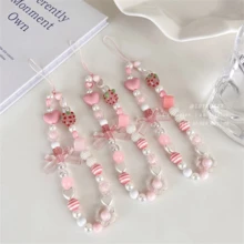 1 件粉色爱心、草莓、爱心、蝴蝶结装饰串珠手机挂绳，甜美女孩风格