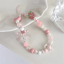 1 件粉色爱心、草莓、爱心、蝴蝶结装饰串珠手机挂绳，甜美女孩风格