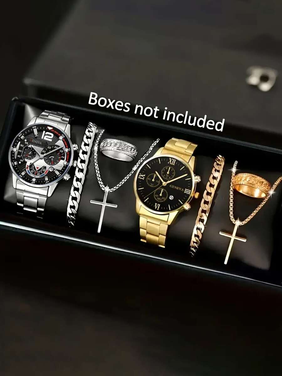 8-Piece Men's Quartz Watch Set, + Ring + Cross + Bracelet Set