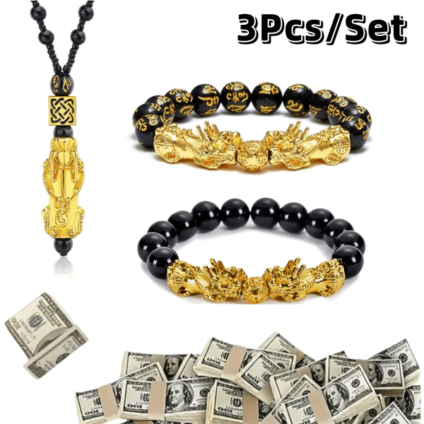 3pcs Pixiu Jewelry Set Lucky Bead, Pixiu Wealth Attraction Bracelet Necklace Luck Set, Jewelry Set Suitable For Men And Women, Wealth Attraction And Treasure Collection Pixiu Jewelry Talisman, Luck Bracelet Luck Bead, Perfect Holiday Gift