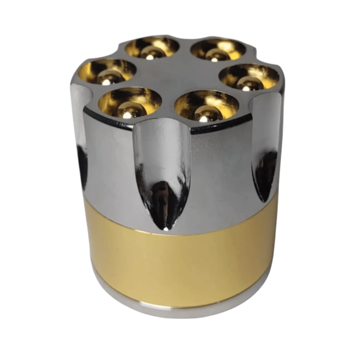 Grinder metálico forma de revolver 3 piezas diseño exclusivo portátil accesorio triturar tabaco especias original colección resistente fácil uso para fumar armador moderno creativo - Dorado - Ver 1