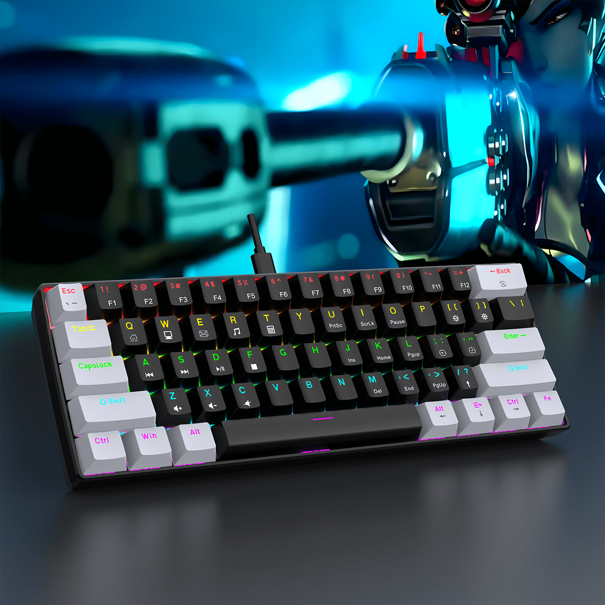 60% 有线游戏机械键盘，61 键 RGB 灯光效果，USB 连接，小巧便捷的办公电脑键盘，适合笔记本和 PC 游戏玩家作为机械键盘以及键盘和鼠标套装 - 彩色 - 查看 3