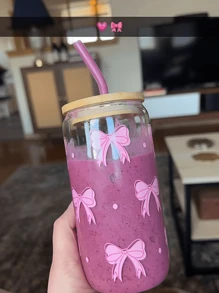 1 Pc Glass Cup Pink Bow 550ml ,Coffee Cup With Sealed Bamboo Lid And Straw, Christmas,Summer, Halloween,Suitable For Office And School, For Coffee, Tea, Beer, Juice, Hot And Cold Drinks, Smoothies, Etc,Reusable, Thermal Insulation, Used For Parties, Gatherings, Festivals, Thanksgiving,Teachers' Day, Holiday Gifts, A Gift For Mom, Lovers, Boyfriends And Girlfriends,Best Friend, Bride.