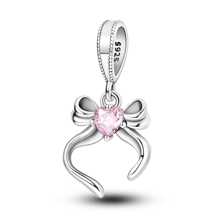 1 pingente de laço rosa prateado, pingente em forma de borboleta incrustado com zircônia cúbica, pingente de borla em forma de coração, adequado para pulseiras, joias faça você mesmo, joia de presente em estilo doce para mulheres