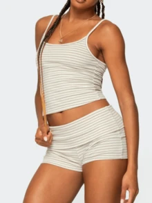 Women's Y2K Summer 2 Piece Pajama Set Striped Print Crop Camisole Tank Tops And Folded Waist Shorts Loungewear Sleepwear - 黃色 - 查看 3