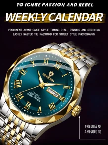 1pc Men's Rust-Proof 316 Stainless Steel Gold Plated Wire Green Black Dial 50m Waterproof Watch - Luminous Hands, English Calendar Date Precise Timekeeping Imported Quartz Movement From Japan High-Quality Luxury For Sport & Outdoor | US & Middle East Style Gift Father Husband Birthday Holiday Gifts