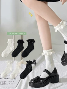 6 Pairs Of Women's Soft Lace Mid-Calf Socks, Athletic Socks Stylish And Cute Everyday Fashion For Spring/Summer, Perfect For Back To School And Valentine's Day - Multicolor - View 1