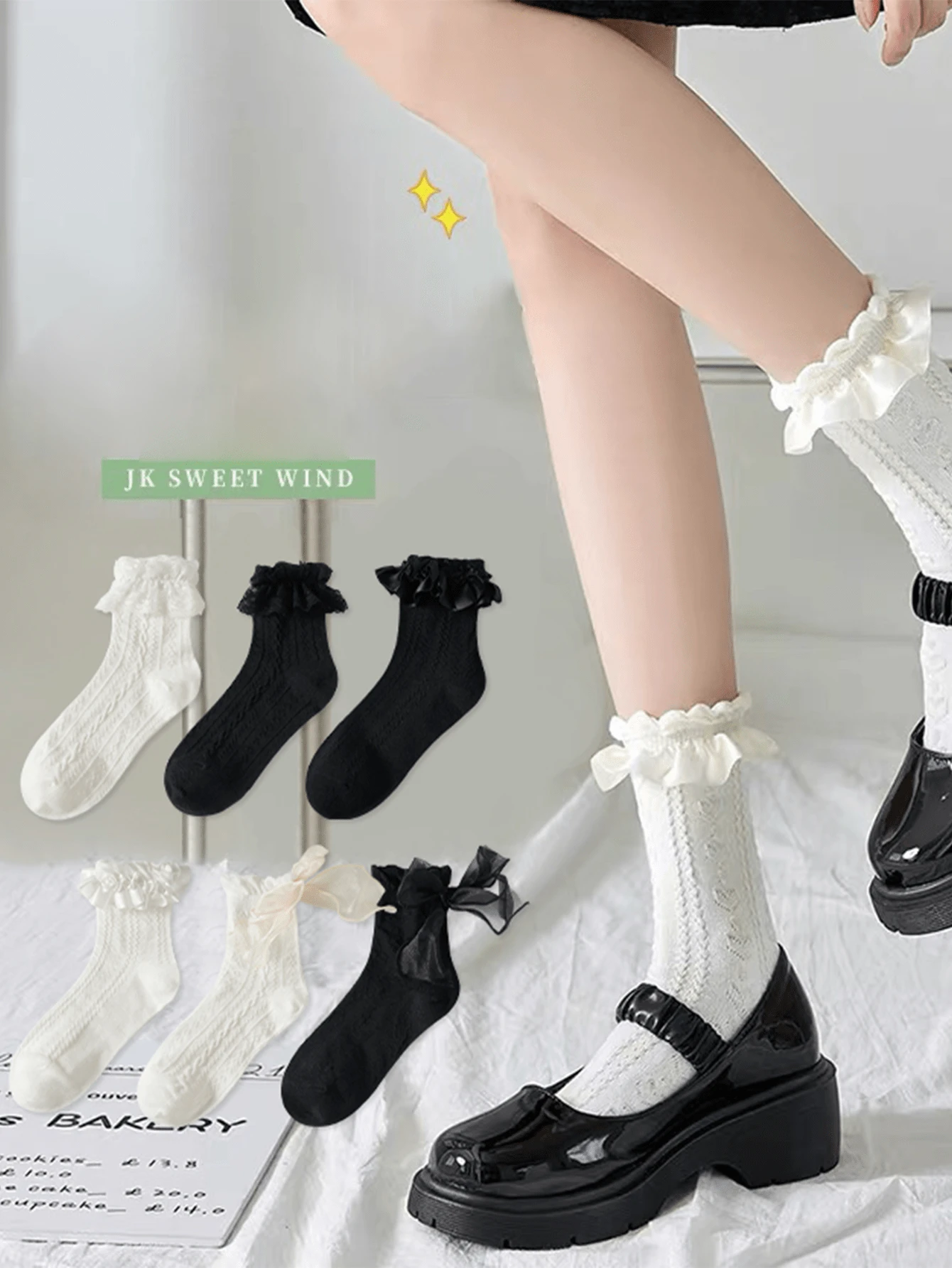 6 Pairs Of Women's Soft Lace Mid-Calf Socks, Athletic Socks Stylish And Cute Everyday Fashion For Spring/Summer, Perfect For Back To School And Valentine's Day - Multicolor - View 1