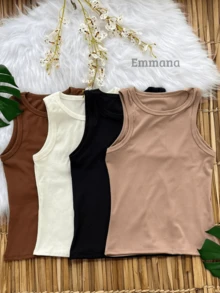 Kit 4 Women's Plain Ribbed Tank Top Basic Blouse Casual Sleeveless T-Shirt - Black/White/Brown/Beige - View 1