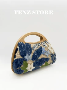 1pc Random Pattern Design Wicker Bag, Sculptedstyle Colorful PVC Sequin Floral Pattern Mesh Embroidery Wooden Handle Women's Clutch Bag, Fashion Sparkly Vacay Vibes Summer Bag For Leisure, Holiday Party/ Vacation, Fits All Vanilla Style, Suitable For Beach Mode On, Vacay Romance, Summer Vibes