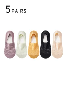 5双双层浅口隐形袜 薄款透气蕾丝船袜 防滑硅胶隐形棉袜 - 彩色 - 查看 8