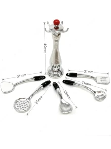 Accesorios de cocina en miniatura a escala 1/12, Juego de cocina para casa de muñecas que incluye olla metálica, sartén y espátula con soporte, mini artículos para fiestas, adecuado como accesorios de fotografía para OB11