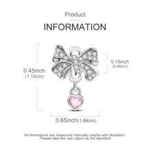 1 pingente de laço rosa prateado, pingente em forma de borboleta incrustado com zircônia cúbica, pingente de borla em forma de coração, adequado para pulseiras, joias faça você mesmo, joia de presente em estilo doce para mulheres