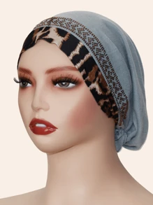 1pc Women's Elastic Knit Leopard Print Trim Splicing Soft Headband With Rhinestone Decor, Fashionable Headwear For Daily Wear, All Seasons