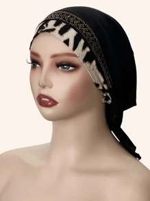 1pc Women's Elastic Knit Leopard Print Trim Splicing Soft Headband With Rhinestone Decor, Fashionable Headwear For Daily Wear, All Seasons