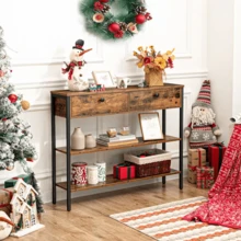 Rustic Brown Modern Console Table With 2 Drawers - Hallway, Sofa, Entryway Storage, Particleboard & Metal Frame, Easy Assembly, 100x24x80cm - Brown - View 5