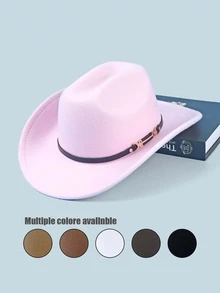 1pc Unisex Solid Color Woolen Cowboy/Cowgirl Hat With Leather Belt Buckle Decor, Versatile Novelty Gifts, Wide Brim Fedora Hats Suitable For Western Themed Parties, Engagements, Graduations, Performances, Celebrations - Top Hat - View 1
