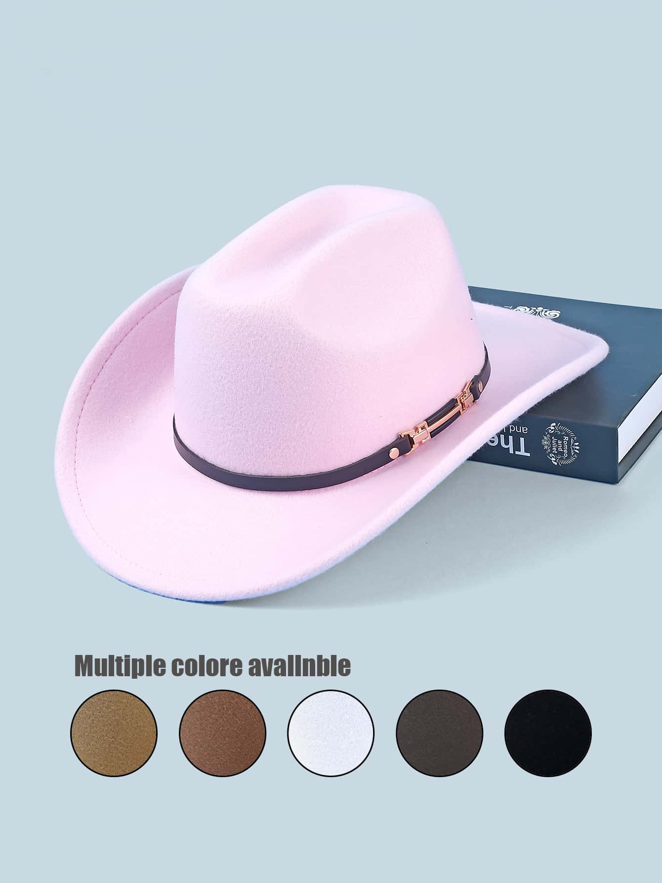 1pc Unisex Solid Color Woolen Cowboy/Cowgirl Hat With Leather Belt Buckle Decor, Versatile Novelty Gifts, Wide Brim Fedora Hats Suitable For Western Themed Parties, Engagements, Graduations, Performances, Celebrations - Top Hat - View 1
