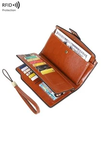 Cross-Border RFID Blocking Women's Long Wallet, Vintage Oil Wax Leather Clutch Purse, Large Capacity European And American Style For Women Wallet Mini Wallet Purse Wallet Wristlet Wallet - Multicolor - View 9