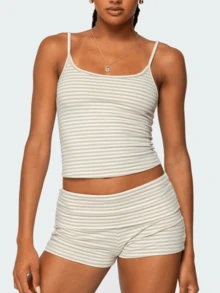 Women's Y2K Summer 2 Piece Pajama Set Striped Print Crop Camisole Tank Tops And Folded Waist Shorts Loungewear Sleepwear - 黃色 - 查看 1