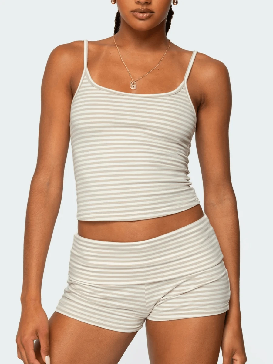 Women's Y2K Summer 2 Piece Pajama Set Striped Print Crop Camisole Tank Tops And Folded Waist Shorts Loungewear Sleepwear - 黃色 - 查看 1
