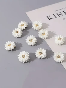 10pcs White Elegant Fabric Flower Hair Clips Set With Rhinestone Decor - Ideal For Party And Everyday - White - View 4