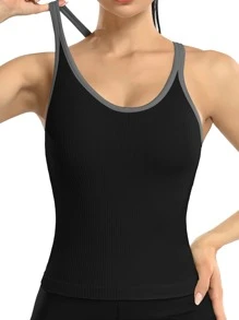 Camiseta Esportiva com Decote Redondo e Cor Sólida para Mulheres, Top Cami Sem Costura para Exercícios