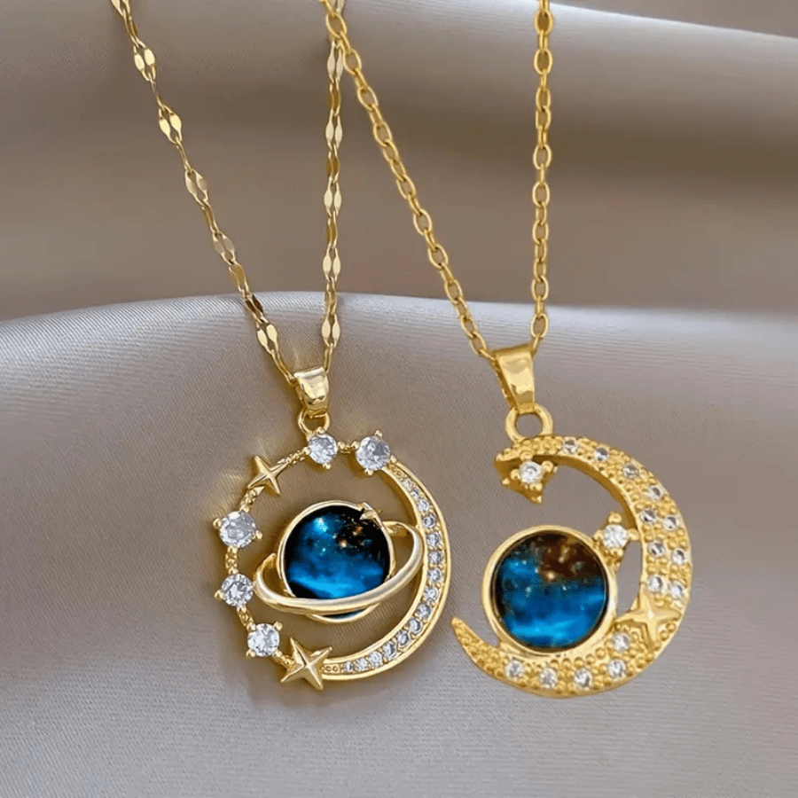 2pcs/Set Unisex Fashionable Pendant Necklace, Space Moon Design, 304 Stainless Steel, Cubic Zirconia Inlay, Other Plating, Vacation Style, Suitable For Everyday Wear And Party, Valentine's Day Couple Gift