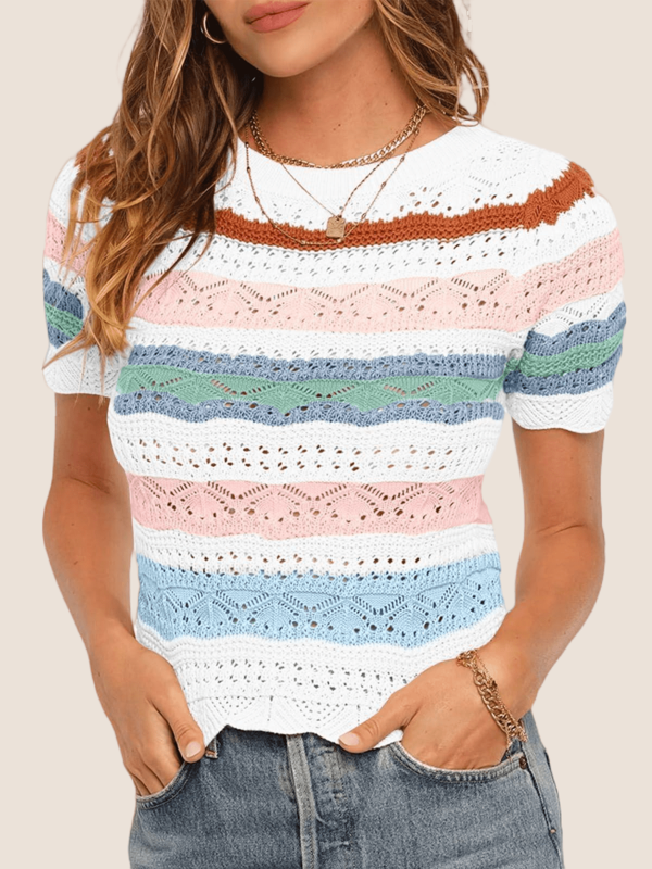 Damen gestreifte T-Shirts mit kurzen Ärmeln Pullover-Style Farbblöcken leichtgewichtig und casual sommerliche Stricktops