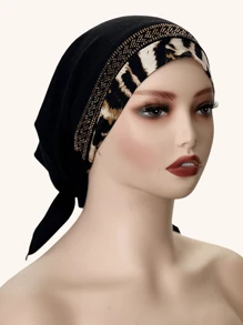 1pc Women's Elastic Knit Leopard Print Trim Splicing Soft Headband With Rhinestone Decor, Fashionable Headwear For Daily Wear, All Seasons