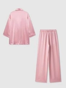 2 Pieces Textured Loose Solid Color Double-Breasted Blazer And Pockets Suit Pants Elegant Suit Set - Pink - View 2