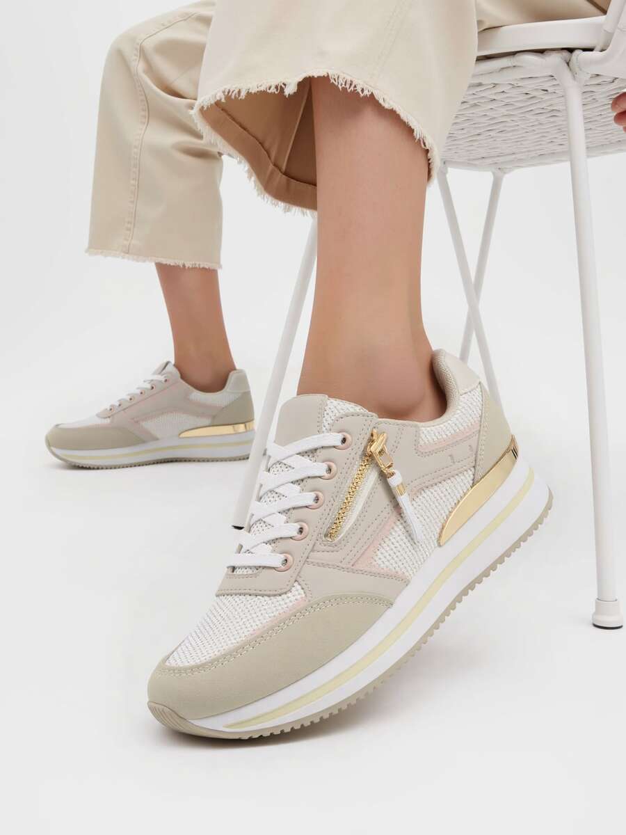 Women's Contrast Color Thick-Sole Comfortable Casual Sports Shoes For Daily Wear - Beige - View 1