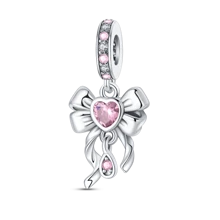 1 pingente de laço rosa prateado, pingente em forma de borboleta incrustado com zircônia cúbica, pingente de borla em forma de coração, adequado para pulseiras, joias faça você mesmo, joia de presente em estilo doce para mulheres