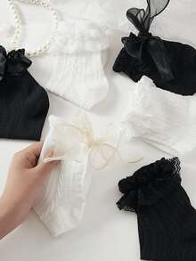 6 Pairs Of Women's Soft Lace Mid-Calf Socks, Athletic Socks Stylish And Cute Everyday Fashion For Spring/Summer, Perfect For Back To School And Valentine's Day - Multicolor - View 7