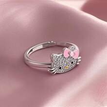 Sanrio Adjustable Fashionable Hello Kitty Ring - Rose Gold Plated With Cubic Zirconia, Suitable For Daily Wear And Gift