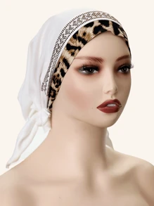 1pc Women's Elastic Knit Leopard Print Trim Splicing Soft Headband With Rhinestone Decor, Fashionable Headwear For Daily Wear, All Seasons