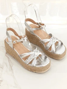 Revreal Braided Contrast Wedge Espadrille Sandals Vintage Summer Bohemian - Silver - View 1