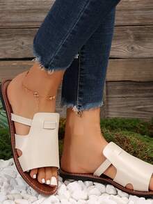 Dép đế bằng hở mũi tròn tối giản thoải mái cỡ lớn mới cho nữ, dép xăng đan đa năng cho bãi biển, kỳ nghỉ, mùa hè - Màu be - Xem 2