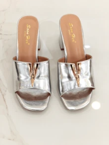 Mulți cu toc bloc cu vârf deschis Revreal pentru femei – Sandale șic cu slip-on, cu accent auriu în V, epocă, vară, elegantă, boemă - Argint - Vizualizare 4