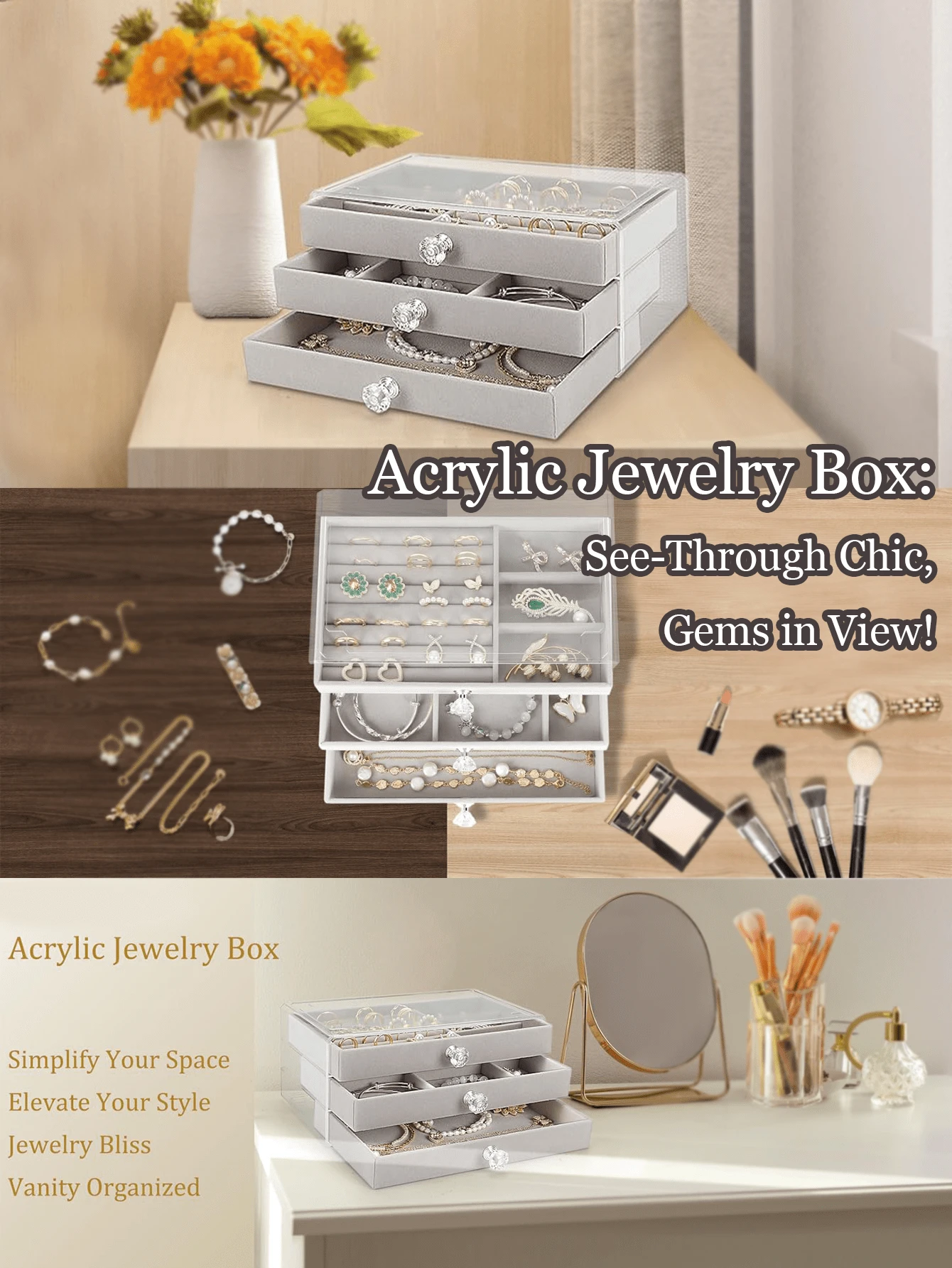 Organizador de joyería de acrílico de 3 niveles, cajones forrados de terciopelo premium, estuche de exhibición transparente, almacenamiento elegante para aretes, anillos, collares y pulseras, regalo perfecto para el día de San Valentín, el día de la madre, cumpleaños y Navidad