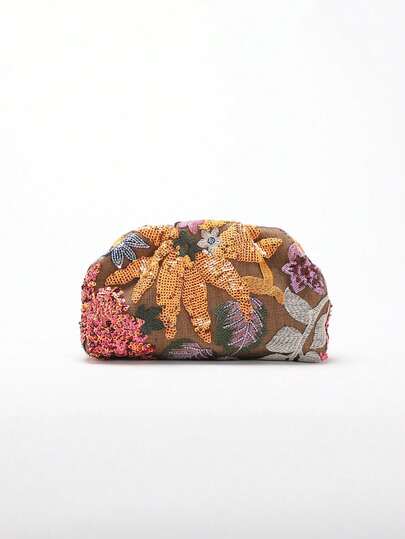 1pc Colorful PVC Sequin Floral Pattern Linen Base Mesh Embroidery Ruffle Cloud Women's Clutch Bag, Fashion Sparkly Evening Bag For Leisure, Holiday Party, Best Choice Elegant Bag For Bridal Shower, Sparkling Sequin Bags Ladies Elegant, Fashionable Clutch Bags For Woman